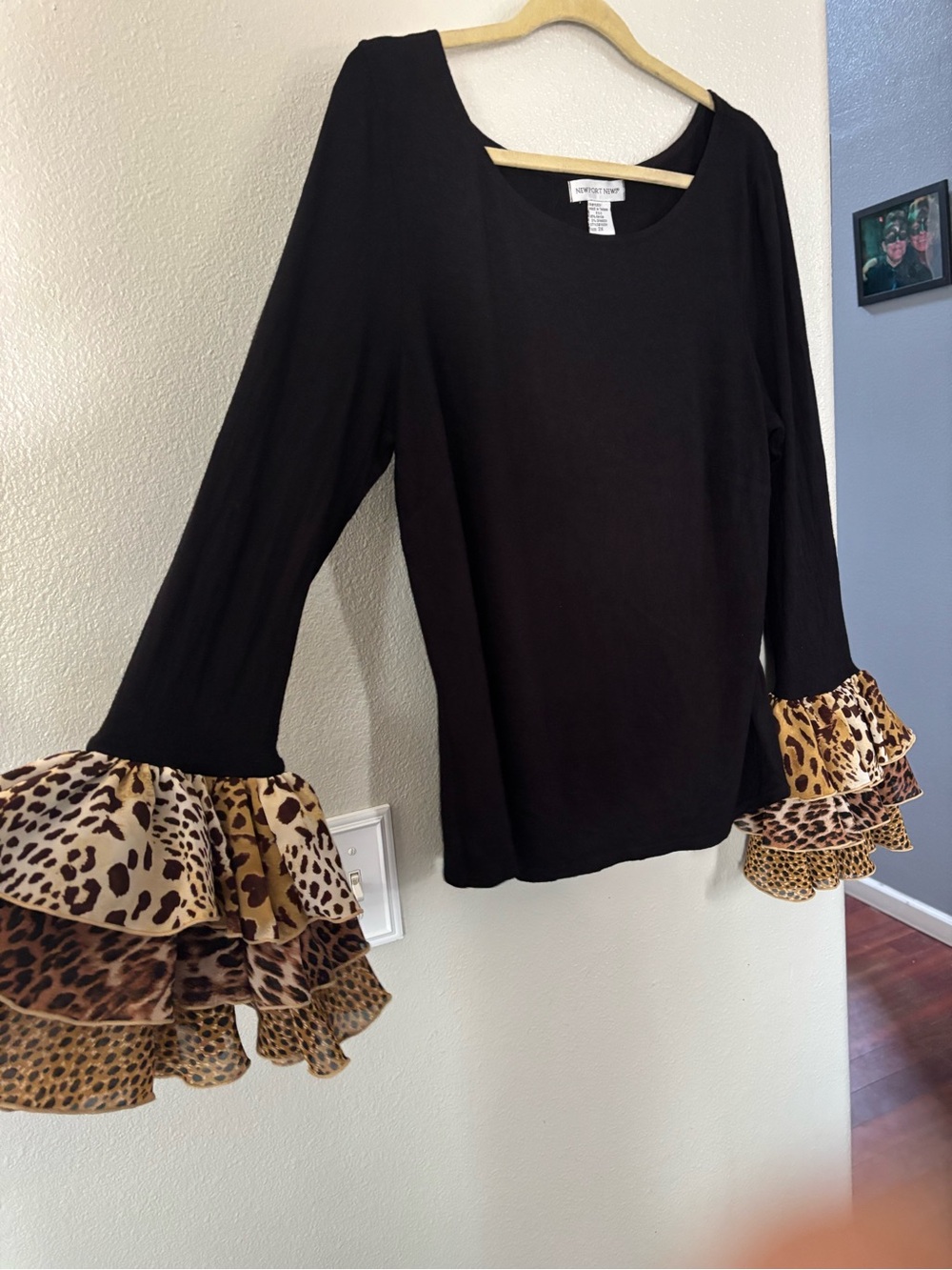 VTG 90s Newport News Black Leopard Ruffle Bell Sleeve Blouse 2X